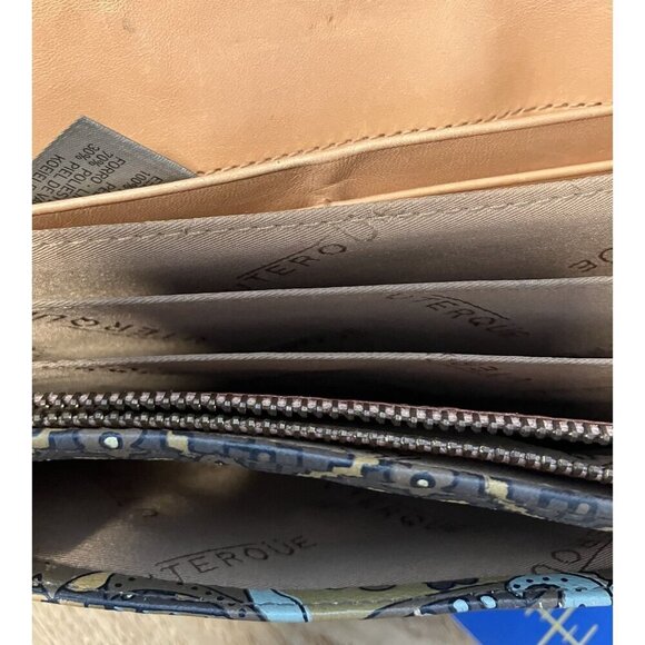 Uterque Brown, Tan, Blue Sheepskin Multipocket Geometric Floral Clutch Wallet - Picture 6 of 10